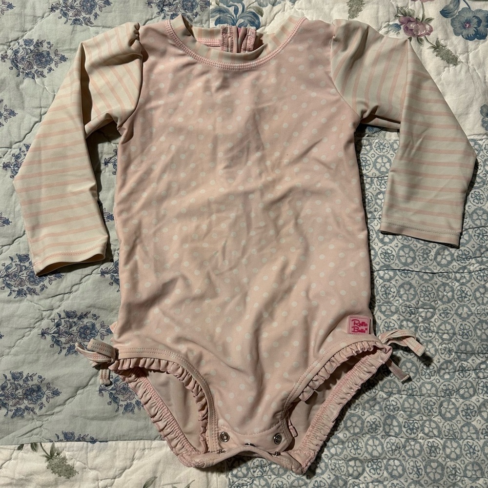 RuffleButts Pink/White Long Sleeve Swimsuit - 2T